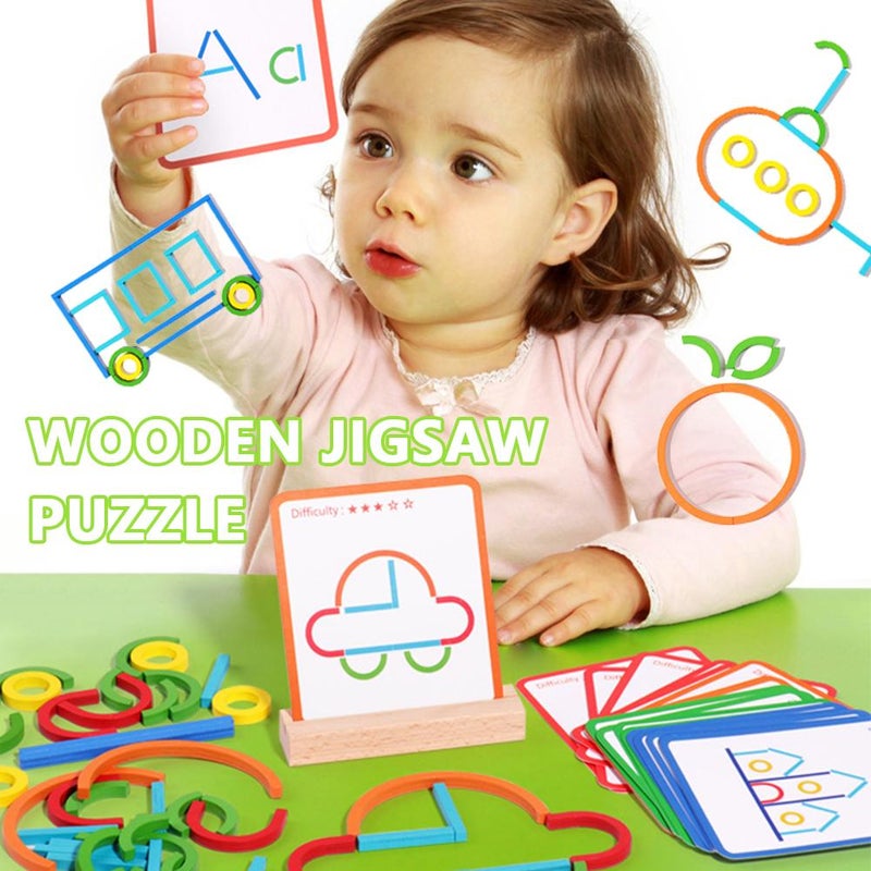 Wooden Montessori Smart Sticks, 120pcs Pattern Block Shape Puzzles,Wooden Sticks and Rings Puzzle Game Set for Quick Thinking, and Spelling/STEM/Art in One,Toys Gift for 3 4 5 Years Old Kids - Image 2